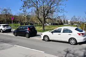 Zwei Autos parken auf einem Radweg neben einem eingeschränkten Halteverbotsschild in einer Wohngegend mit Bäumen und Wohngebäuden im Hintergrund.