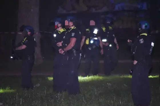 Mehrere bewaffnete Polizisten in dunkler Schutzkleidung und Helmen durchsuchen nachts einen Park mit Taschenlampenlicht.