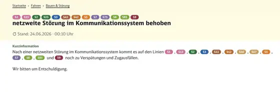 Textanzeige mit Informationen über die Behebung einer netzweiten Störung im Kommunikationssystem und einer Entschuldigung.