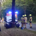 Auto steht mit Front gegen Baum am Straßenrand, mehrere Feuerwehrleute in Schutzkleidung und Helm stehen daneben, Einsatzfahrzeug mit Blaulicht im Hintergrund.