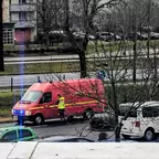 Rotes Einsatzfahrzeug mit Blaulicht steht auf Straße, daneben mehrere geparkte Autos und Bäume ohne Blätter.
