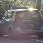 Polizeifahrzeug steht auf einer Straße, im Hintergrund Bäume und ein weiteres Fahrzeug.