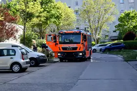Feuerwehrfahrzeug mit geöffneter Beifahrertür steht auf einer Straße zwischen geparkten Autos und Bäumen vor einem Wohnhaus.