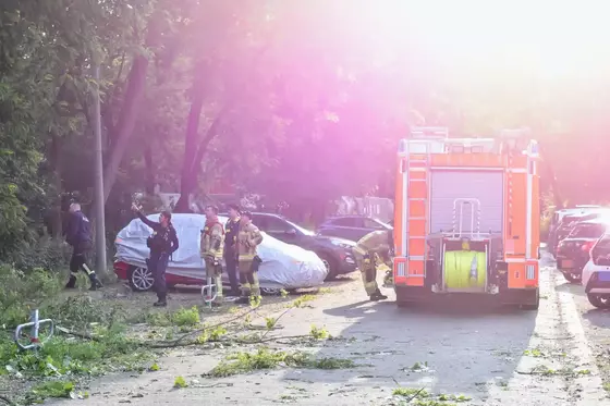Feuerwehrfahrzeug und mehrere Feuerwehrleute auf einer Straße mit umgestürzten Ästen und einem mit Folie abgedeckten Auto.