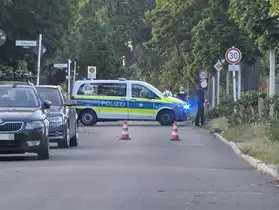 Polizeiwagen mit eingeschaltetem Blaulicht blockiert eine Straße, daneben stehen zwei Polizisten, umgeben von parkenden Autos und Bäumen.