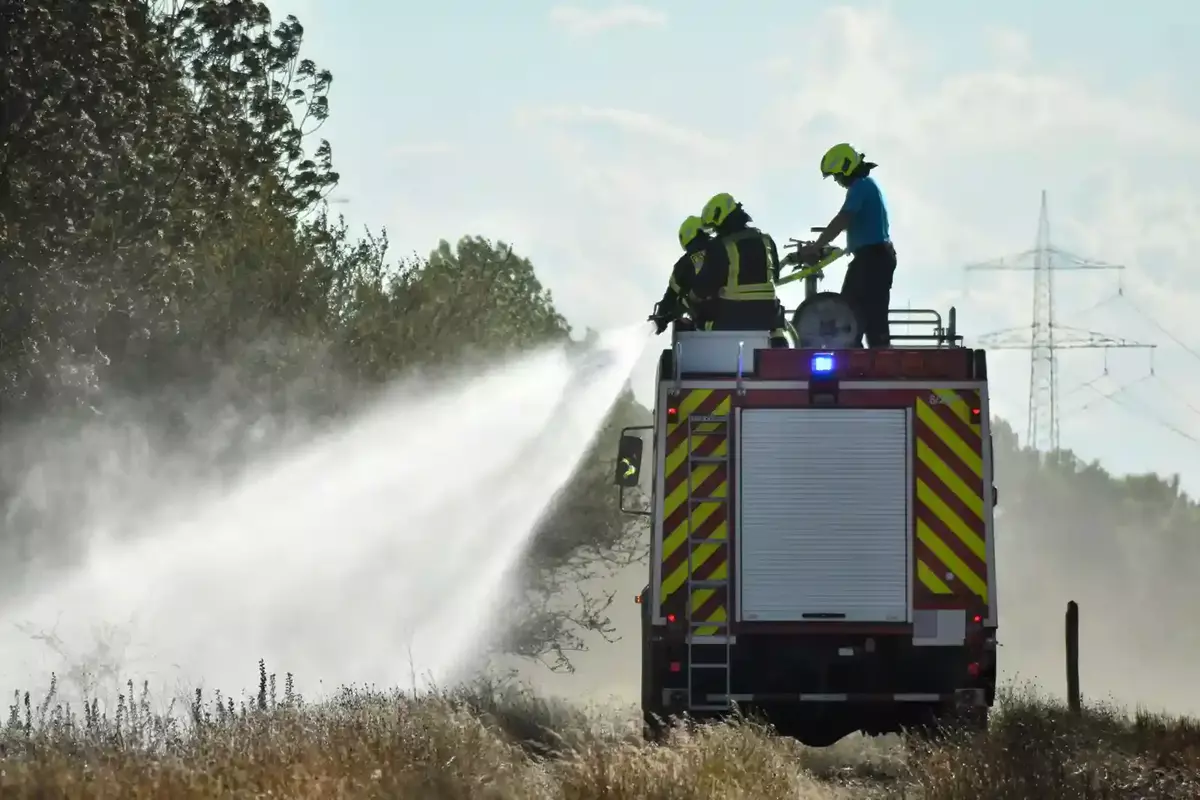 Feuerwehrleute auf einem Löschfahrzeug spritzen Wasser auf ein abgebranntes Feld mit trockener Vegetation und Bäumen im Hintergrund.