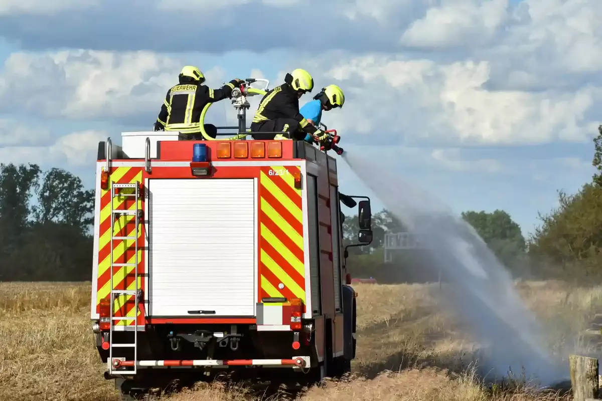 Drei Feuerwehrleute in gelben Helmen auf einem roten Feuerwehrauto spritzen Wasser auf ein abgebranntes Feld.