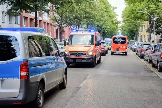 Mehrere Einsatzfahrzeuge, darunter ein Polizeiwagen und zwei Feuerwehrfahrzeuge mit Blaulicht, stehen auf einer von Bäumen gesäumten Straße.