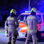 Zwei Feuerwehrleute in Schutzkleidung und gelben Helmen stehen vor einem Einsatzfahrzeug mit Blaulicht in der Nacht.