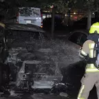 Feuerwehrmann in Schutzkleidung und Atemschutz löscht nachts einen ausgebrannten SUV mit einem Strahlrohr auf einem Parkplatz.