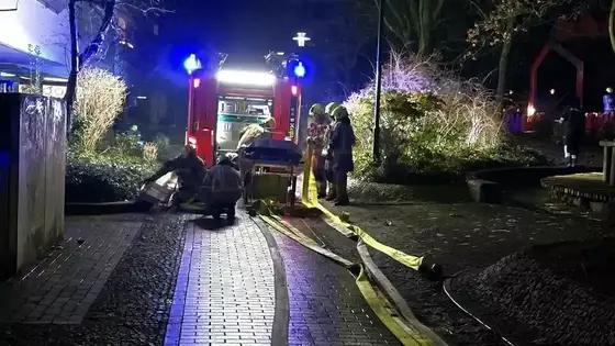 Feuerwehrleute bei einem Einsatz in der Nacht mit einem Löschfahrzeug, das Blaulicht eingeschaltet hat, und ausgerollten Schläuchen auf einem gepflasterten Weg