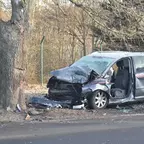 Ein Auto mit stark beschädigter Front und geöffneter Fahrertür steht nach einem Unfall gegen einen Baum an einer Straße.