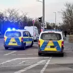 Zwei Polizeifahrzeuge mit Blaulicht stehen an einer Kreuzung bei roter Ampel auf einer Straße mit mehreren Fahrzeugen und kahlen Bäumen im Hintergrund