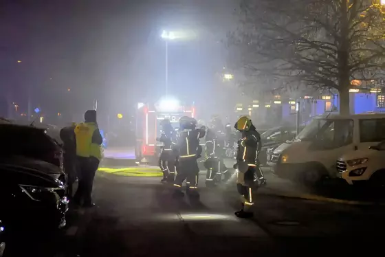 Feuerwehrleute in Schutzkleidung und Helmen stehen auf einer Straße mit Rauch, im Hintergrund ein Einsatzfahrzeug mit eingeschaltetem Licht.