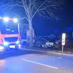 Feuerwehrfahrzeug mit Blaulicht auf Straße neben Baum, an dem ein stark beschädigtes Auto steht.