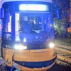 Straßenbahn steht nachts auf Gleisen neben parkenden Autos in einer von Bäumen gesäumten Straße.
